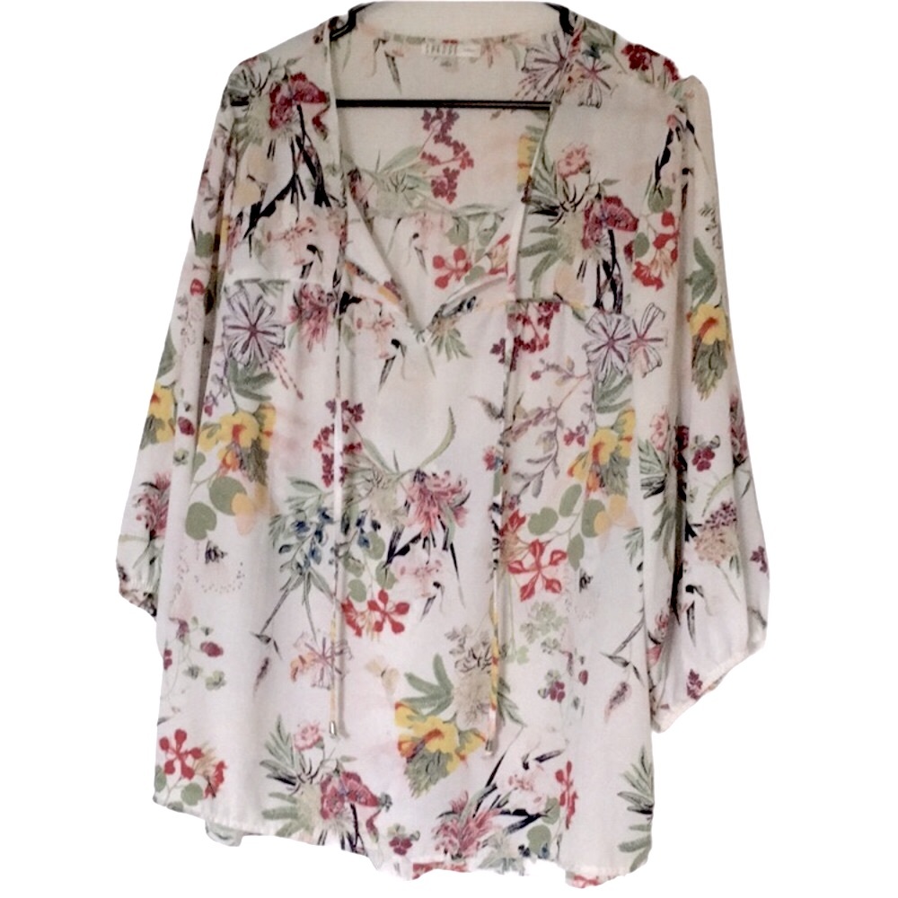 Spense Floral Tie-Neck Blouse — White with Pink, Yellow, Green
